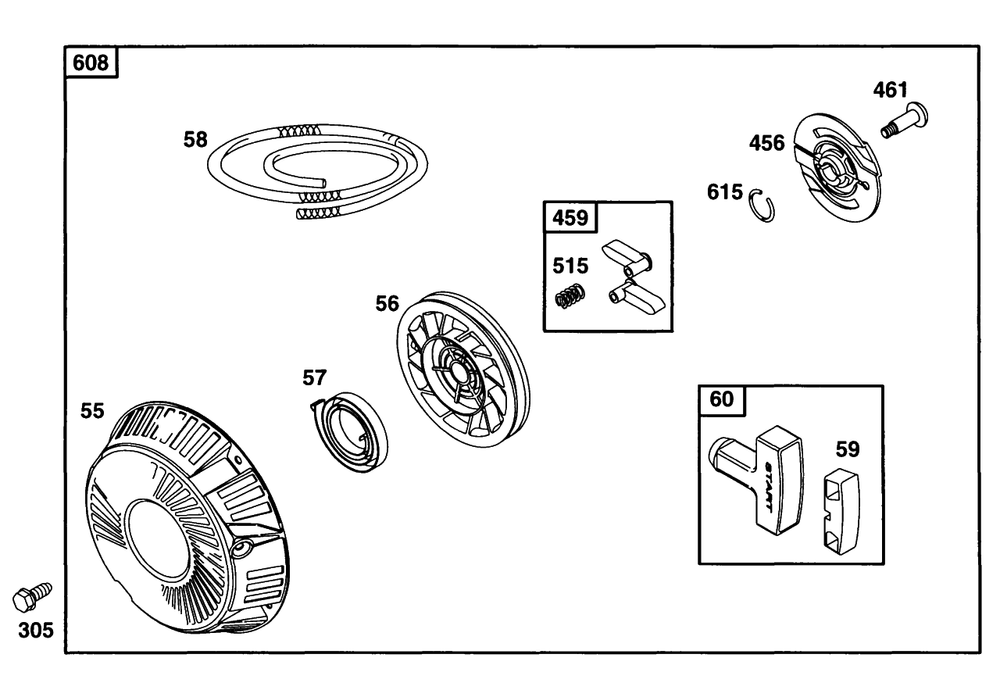 Rewind Starter Assembly 1 Diagram and Parts List for 290777-0033-XX  Briggs and Stratton Engine